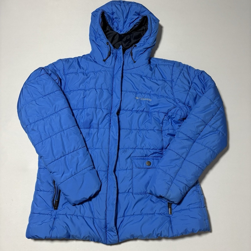 Columbia Puffer Jacket XL Blue Hooded Winter Coat Lightweight Zip Outdoor